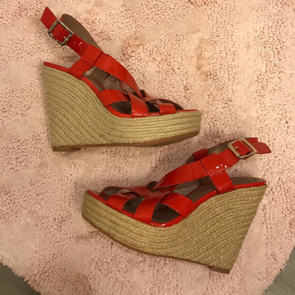 Vince Camuto patent deep orange wedges